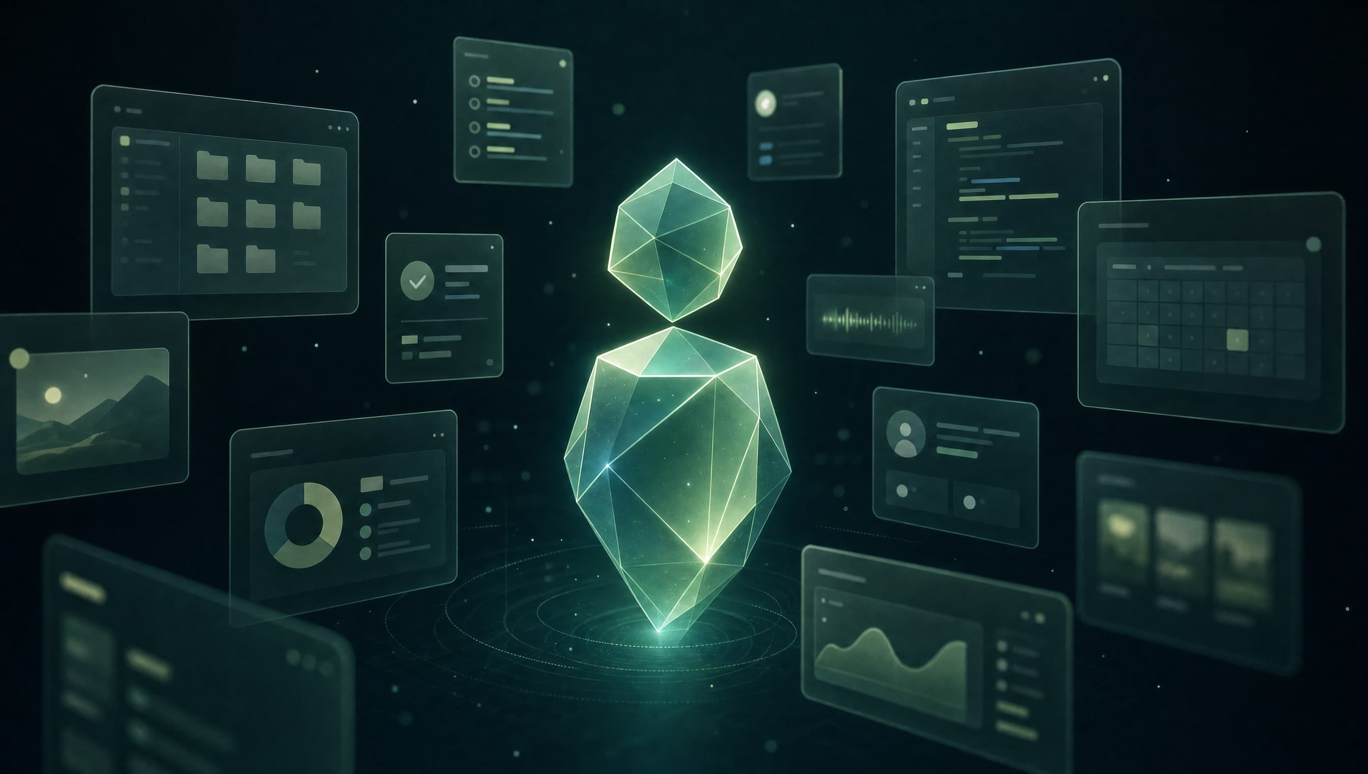 Abstract illustration of an AI assistant working across business tools