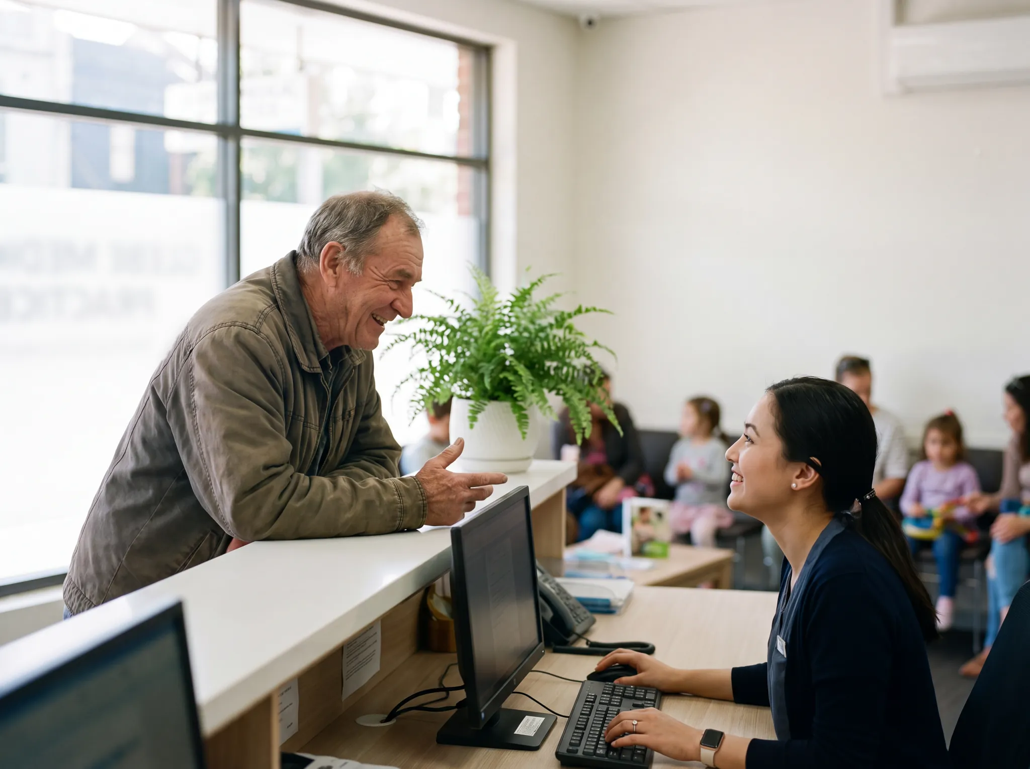 An older patient leans on the reception counter and shares a joke with a smiling receptionist at a general practice front desk.