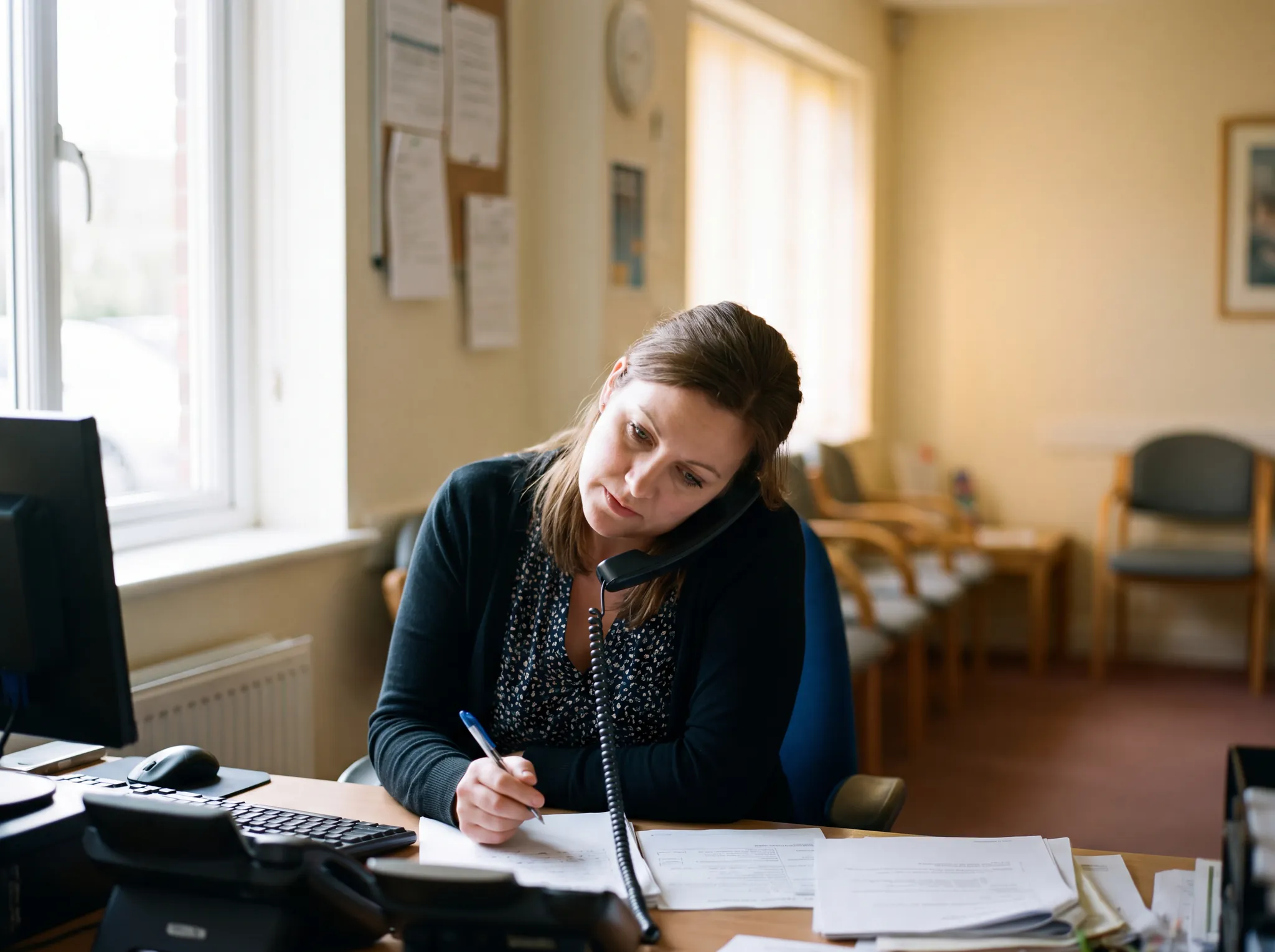 A practice receptionist on the phone takes notes at her desk, with an empty waiting area behind her.