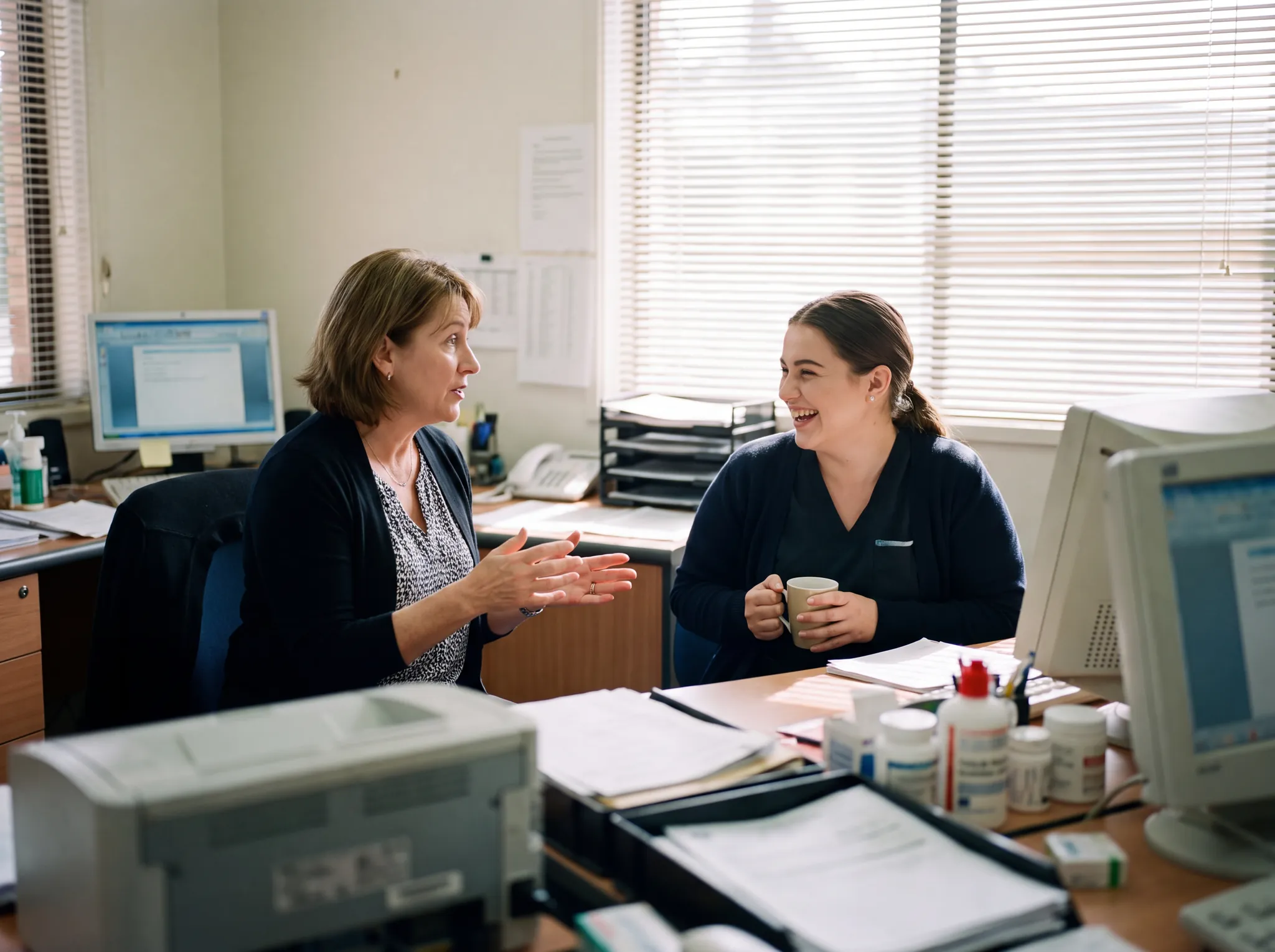 A practice manager talks through next week's shifts with a laughing receptionist holding a coffee, in a sunlit general practice back office.