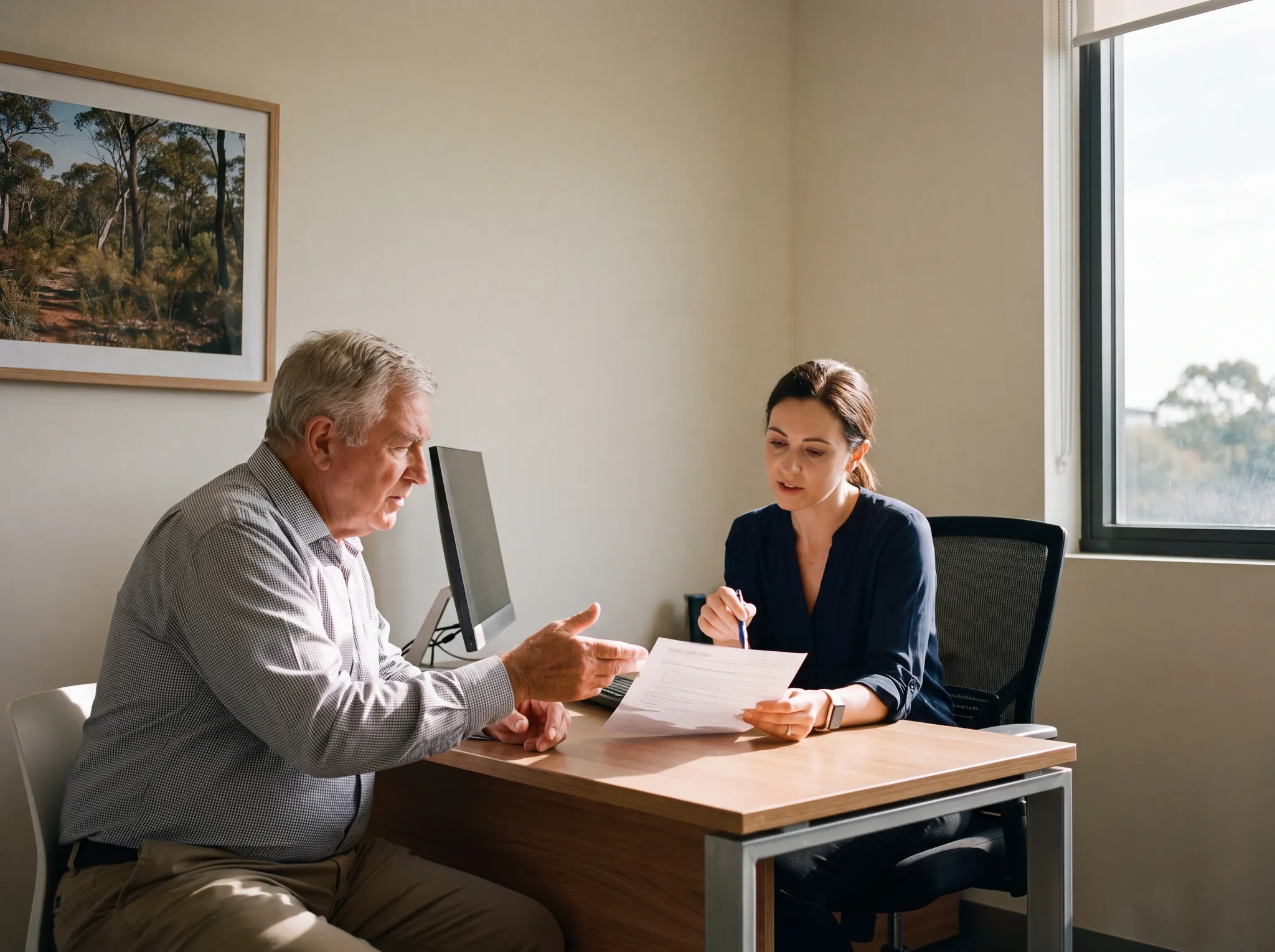 A GP holds up a care plan and talks it through with an older patient across her desk in a sunlit consulting room.