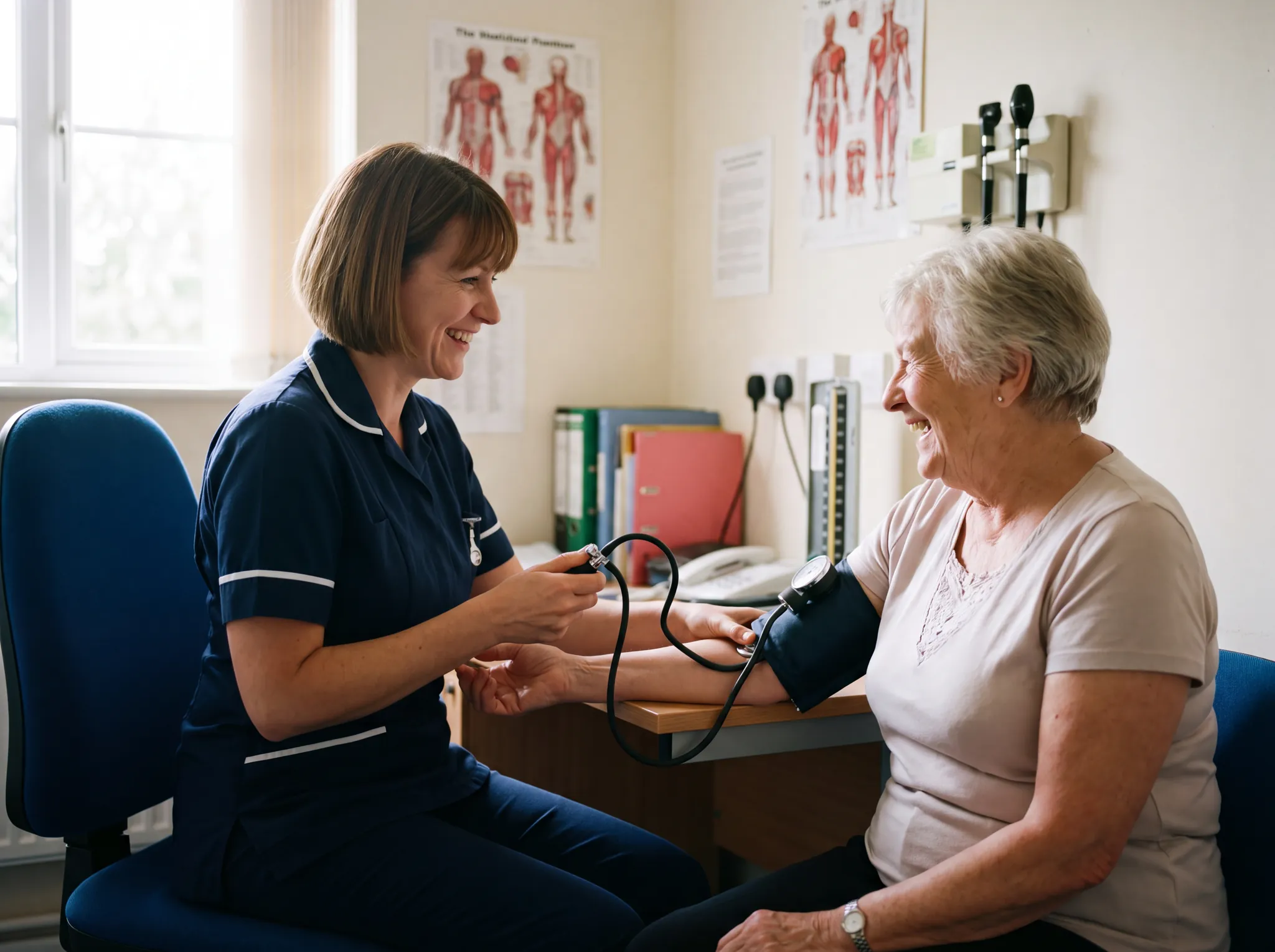 A practice nurse takes an older patient's blood pressure in a small nurse's room, both of them laughing.